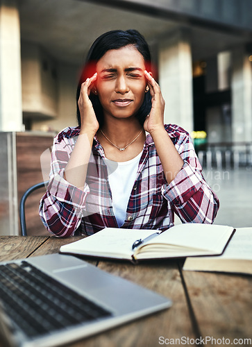 Image of Woman, student and headache in stress, burnout or anxiety from overworked or studying at campus. Stressed female person or university learner suffering bad head pain, strain or ache with study books