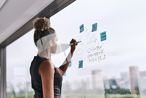 Image of Creative, brainstorming and business woman writing on glass for planning, strategy and mission in office. Idea, management and female person with sticky note for growth, development and solution