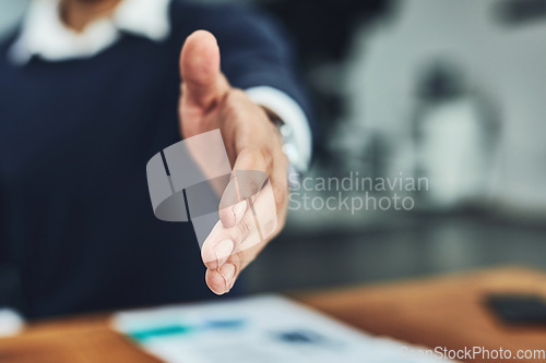 Image of Businessman, handshake and meeting for introduction, deal or agreement at the office. Man employee shaking hands for greeting, welcome or hiring in recruitment for business growth at the workplace