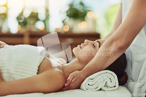 Image of Luxury, beauty and massage with woman in spa for wellness, relax and cosmetics treatment. Skincare, peace and zen with female customer and hands of therapist for physical therapy, salon and detox