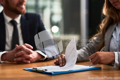 Image of Documents, contract and business people writing signature for deal, partnership or legal paperwork in night office. Paper of lawyer woman, notary or partner hands for policy, compliance and agreement