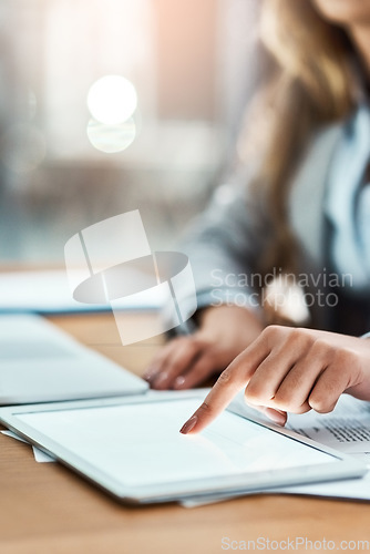 Image of Tablet, screen mockup and woman hands for business research, data analytics or website management at night. Typing, press and professional person on digital technology, internet space and app mock up