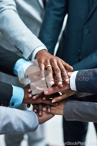 Image of Hands together, business and group of people for support, target or teamwork, collaboration goals and diversity. Circle, diversity and corporate person or employees stacked sign, success and mission