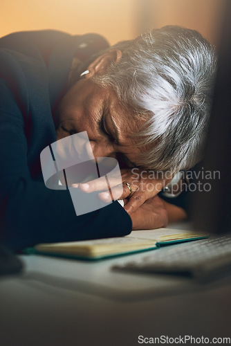 Image of Tired, night and businesswoman sleeping in office to complete deadline corporate project. Stress, fatigue and mature professional female employee with burnout taking nap working overtime in workplace