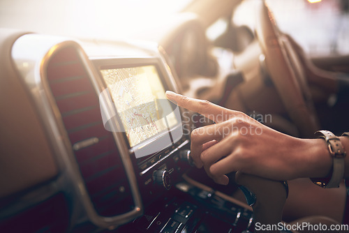 Image of Hand, screen and map navigation in car for person on travel, driving and transportation with typing. Closeup, driver and online search for location with digital touchscreen, road trip and transport