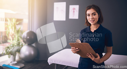 Image of Physiotherapist, woman or portrait of chiropractor ready for physiotherapy or health consultation. Chiropractic or physical therapy worker with clipboard for check up to evaluate reflexology in body