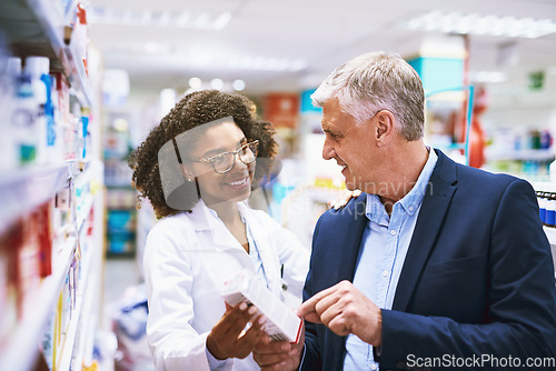 Image of Senior man shopping, medicine or pharmacist in pharmacy for retail healthcare info, pills or advice. Black woman or doctor helping a mature customer with prescription medication or medical drugs