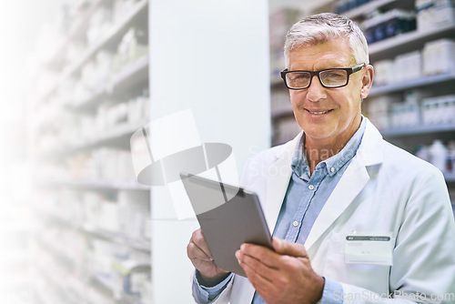 Image of Pharmacist, portrait and senior man on tablet for stock, inventory and medical information notes. Medicine, checklist and face of elderly male in a pharmacy online for pills and prescription