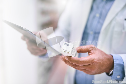 Image of Man, hands and tablet with pills for inventory, checking stock or inspection at clinic store. Hand of male person or medical expert with technology and medication for pharmaceutical prescription