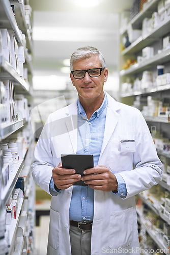 Image of Portrait, pharmacy and senior man on tablet for stock, inventory and medical information notes. Medicine, checklist and face of happy elderly male pharmacist online for pills and prescription