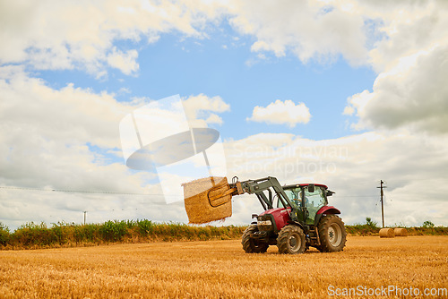 Image of Straw, agriculture and a tractor on a farm for sustainability on an open field during the spring harvest season. Nature, sky and clouds with a red agricultural vehicle harvesting hay in a countryside