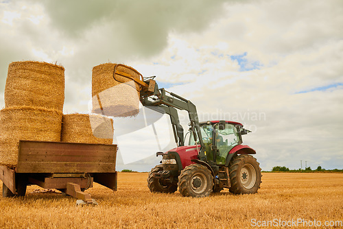 Image of Hay, agriculture and a tractor on a farm for sustainability outdoor on an open field during the harvest season. Nature, sky and clouds with a red agricultural vehicle harvesting in the countryside