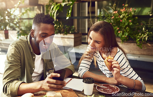 Image of Restaurant, friends and black man and woman with phone for social media, internet and online website. Coffee shop, communication and happy people bonding on smartphone reading text, message and chat