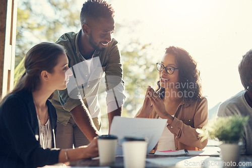 Image of Business people, cafe and meeting with documents for planning, idea and sharing strategy. Coffee shop and creative person team collaboration on design at lunch or brainstorming solution at restaurant