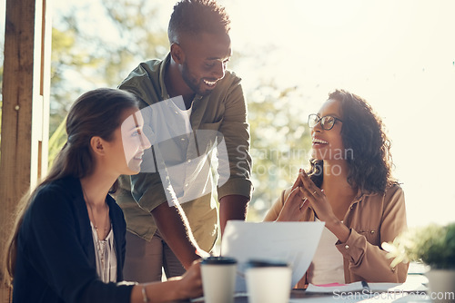 Image of Coffee shop, business meeting and people with documents for planning, idea and sharing strategy. Cafe, proposal and creative person team collaboration on design, development or brainstorming solution