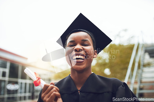 Image of Portrait, smile and black woman with certificate, graduation and success with diploma, scholarship and college. Face, female person or student with happiness, university or knowledge with achievement