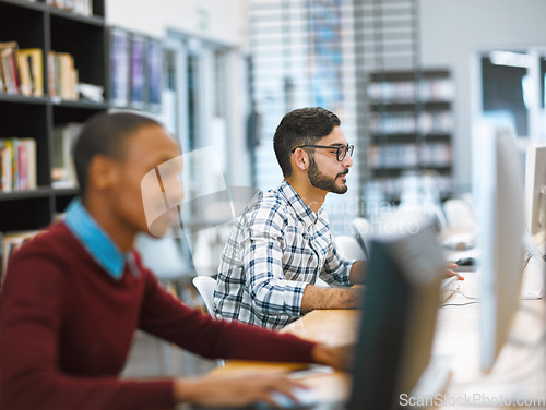 Image of Education, university and students in computer library working or studying on desktop or doing exams on the portal and in college. Research, learning and scholar reading or academic and online course