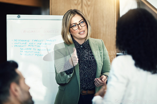 Image of Presentation meeting, discussion and business woman brainstorming, planning and giving instruction. Project management, communication and leader speech, report or conversation with listening group