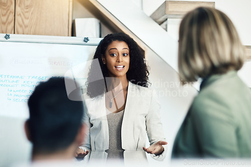 Image of Presentation meeting, speaker and business woman talking, planning and giving proposal, report or strategy plan. Project management, communication and biracial manager with sales pitch ideas