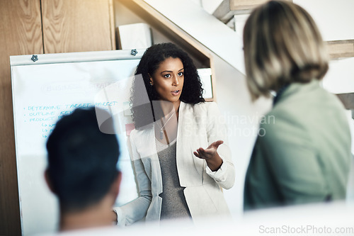 Image of Presentation meeting, communication and woman talking, planning and giving proposal, report or strategy plan. Project management, teamwork and biracial manager, leader or boss with sales pitch ideas