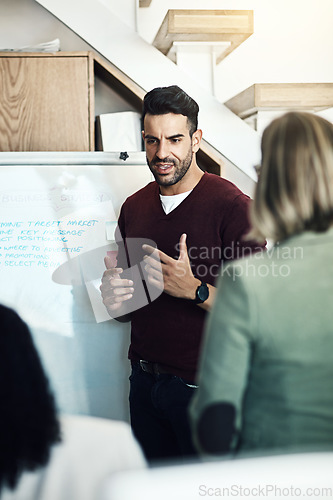 Image of Presentation meeting, whiteboard and man talking, planning and giving proposal, report or business strategy plan. Project management, group and office manager, leader or boss with sales pitch ideas