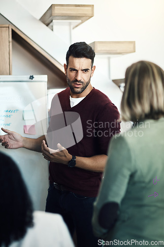 Image of Office presentation, whiteboard and man talking, planning and giving proposal, report or business strategy plan. Explain, listening group and business manager, leader or boss with sales pitch ideas