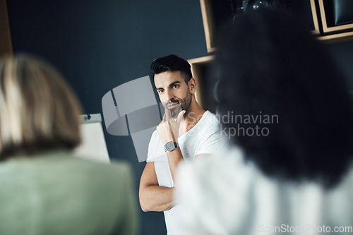 Image of Presentation focus, business man and thinking of team strategy plan, office development project or planning sales ideas. Group meeting, audience and mentor contemplating coaching startup people