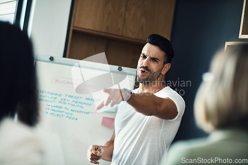 Image of Business meeting, choice and man pointing at staff agent with success idea, answer or job promotion. Presentation whiteboard, gesture and person giving instruction, mentor speech or choose candidate