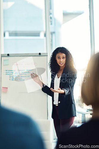 Image of Presentation whiteboard, meeting and portrait of woman, mentor or leader planning, coaching or training onboarding group. Workshop, coach and boss giving proposal, report or teaching business people