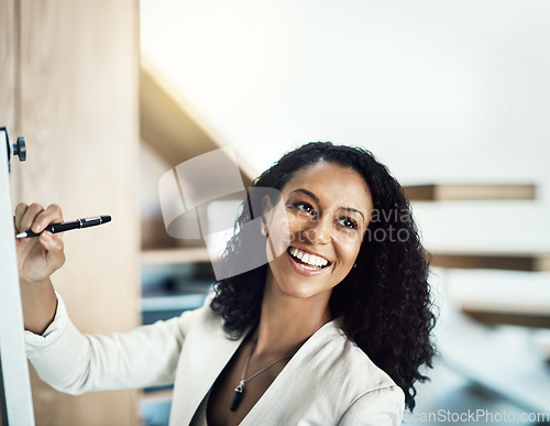 Image of Board, writing and happy business woman planning strategy, office ideas or brainstorming startup plan. Whiteboard, research notes and face of person smile for entrepreneurship development project