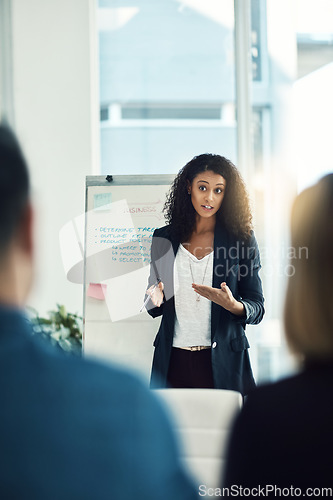 Image of Office presentation, meeting and woman explain sales pitch, business investment plan or company strategy ideas. Workshop, training coach and boss giving proposal, report or teaching seminar people