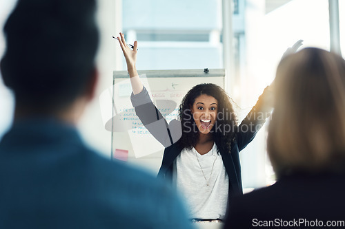 Image of Presentation meeting, team leader or excited woman cheers for success idea, wow answer or job promotion winner. Congratulations, winning or happy celebration for person, business agent or achievement