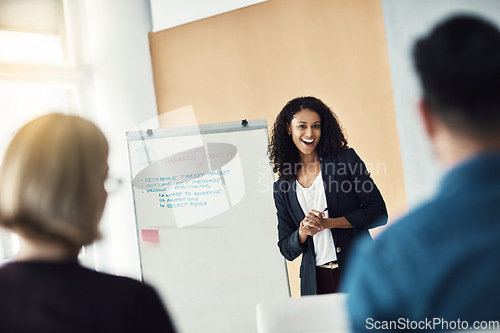 Image of Presentation whiteboard, meeting audience and happy woman, mentor or leader planning, coaching or training group. Discussion, happiness or boss giving proposal, sales report or client investment plan