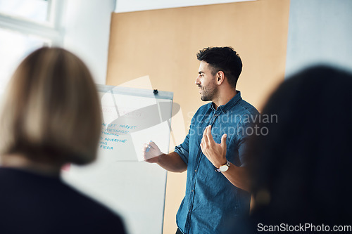 Image of Presentation whiteboard, meeting speech and man training, coaching or teaching audience, trade show people or seminar. Event presenter, reading and male business leader talking to conference group