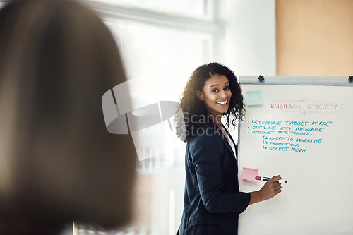 Image of Presentation board, workshop meeting and happy woman training, coaching or teaching audience, worker or agency. Communication, info and business leader, speaker or person smile for seminar discussion