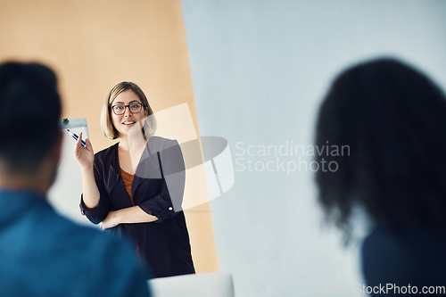 Image of Presentation meeting, seminar speech and woman talking, discussion or communication with investment clients. Event presenter, speaker and female business leader speaking to listening conference group