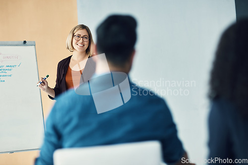 Image of Presentation meeting, seminar speech and happy woman talking to tradeshow, sales team or investment clients. Event presenter, whiteboard and female business leader chat to listening conference group