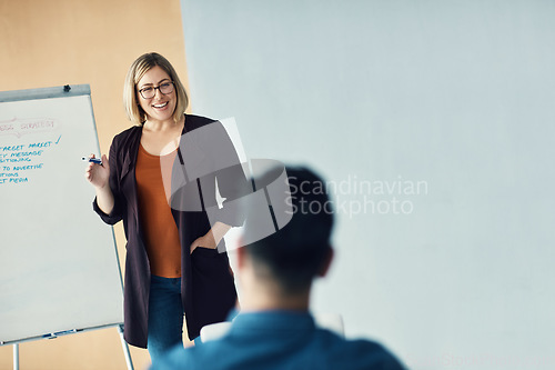 Image of Presentation whiteboard, team meeting speech and happy woman talking to trade show, sales group or investment clients. Strategy planning, report and person speaking to listening conference people