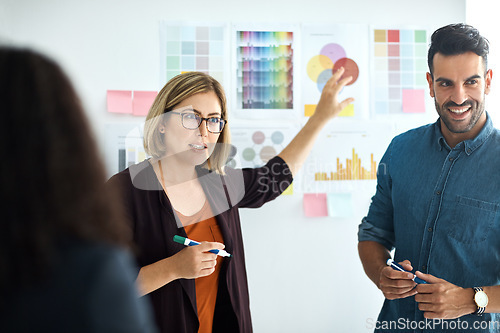 Image of Presentation board, audience and business people planning, teamwork or brainstorming creative design, ideas or project. Designer creativity, agency collaboration and team cooperation on color choice