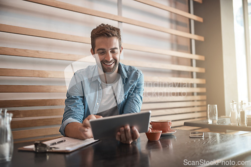 Image of Smile, internet and a man with a tablet at a cafe for communication, connectivity and administration. Happy, remote work and a male entrepreneur reading from the web with technology at a coffee shop