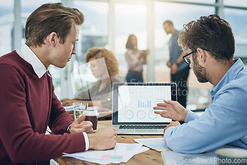 Image of Laptop, finance and data with a business team doing research together in their office for planning. Computer graph or chart with a man employee and colleague meeting to discuss financial strategy