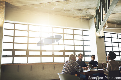 Image of Teamwork, strategy and meeting with business people in office for project management, idea and brainstorming. Discussion, planning and partnership with group of employees for review and startup