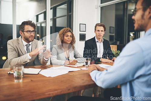 Image of Professional, interview and hiring for staff by planning for work and communication in a company. Business, recruitment and hr with employee for a collaboration and teamwork during a meeting.