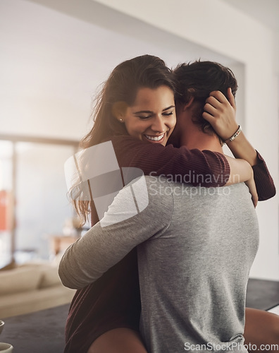 Image of Happy, couple and hug in home for love, romantic bond quality time for care together with partner. Young man, woman and hugging for romance of lovers in relationship, dating and smile for happiness