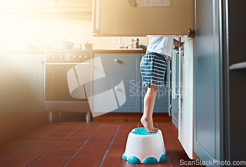 Image of Small, looking and a child on a step for refrigerator food, breakfast or a snack in a house. Kitchen, morning and a little kid standing on a chair to look for a meal or lunch in the fridge for hunger