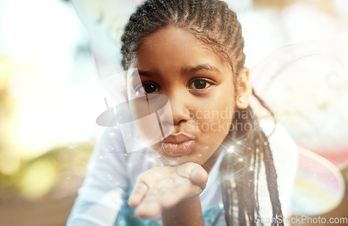 Image of Glitter, princess costume and portrait of girl for playing fantasy, magical games and happiness. Nature, fairy tale and face of happy child in woods blowing sparkles with glow, magic dust and fun