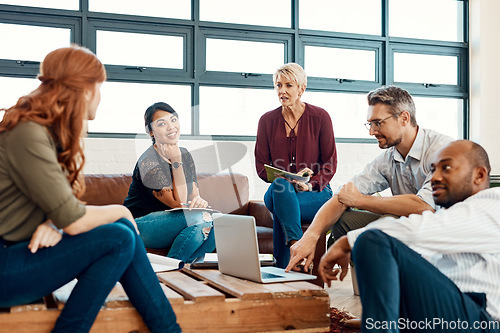 Image of Business people, creative meeting and teamwork for collaboration, planning or strategy at office. Group of employee workers in team discussion, project plan or brainstorming for startup at workplace