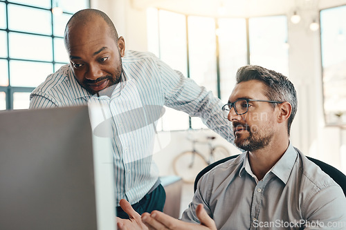 Image of Business people, computer and coach with idea in team collaboration for mentor help or planning at office. Businessman coaching or training staff on technology in teamwork for solution at workplace