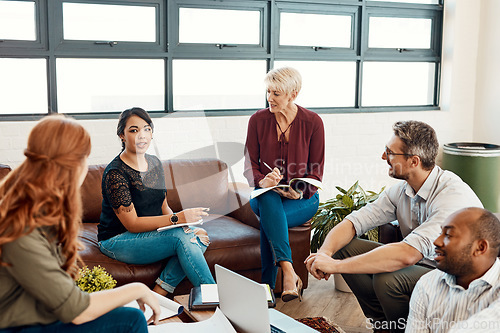 Image of Business people, meeting and teamwork for planning, collaboration or brainstorming at office. Group of employee workers in team discussion, project plan or strategy for creative startup at workplace