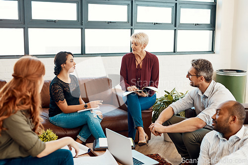 Image of Business people, creative meeting and teamwork for planning, collaboration or strategy at office. Group of employee workers in team discussion, project plan or brainstorming for startup at workplace